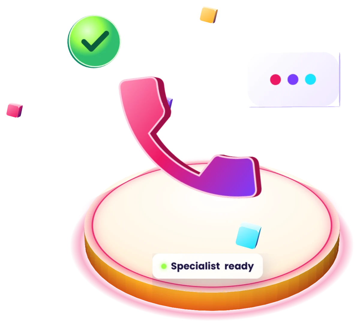 3D illustration of a phone handset, chat bubble and check mark